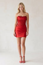 Navy Blue Strapless Bodycon Satin Pleated Short Homecoming & Cocktail Dresses With Beading