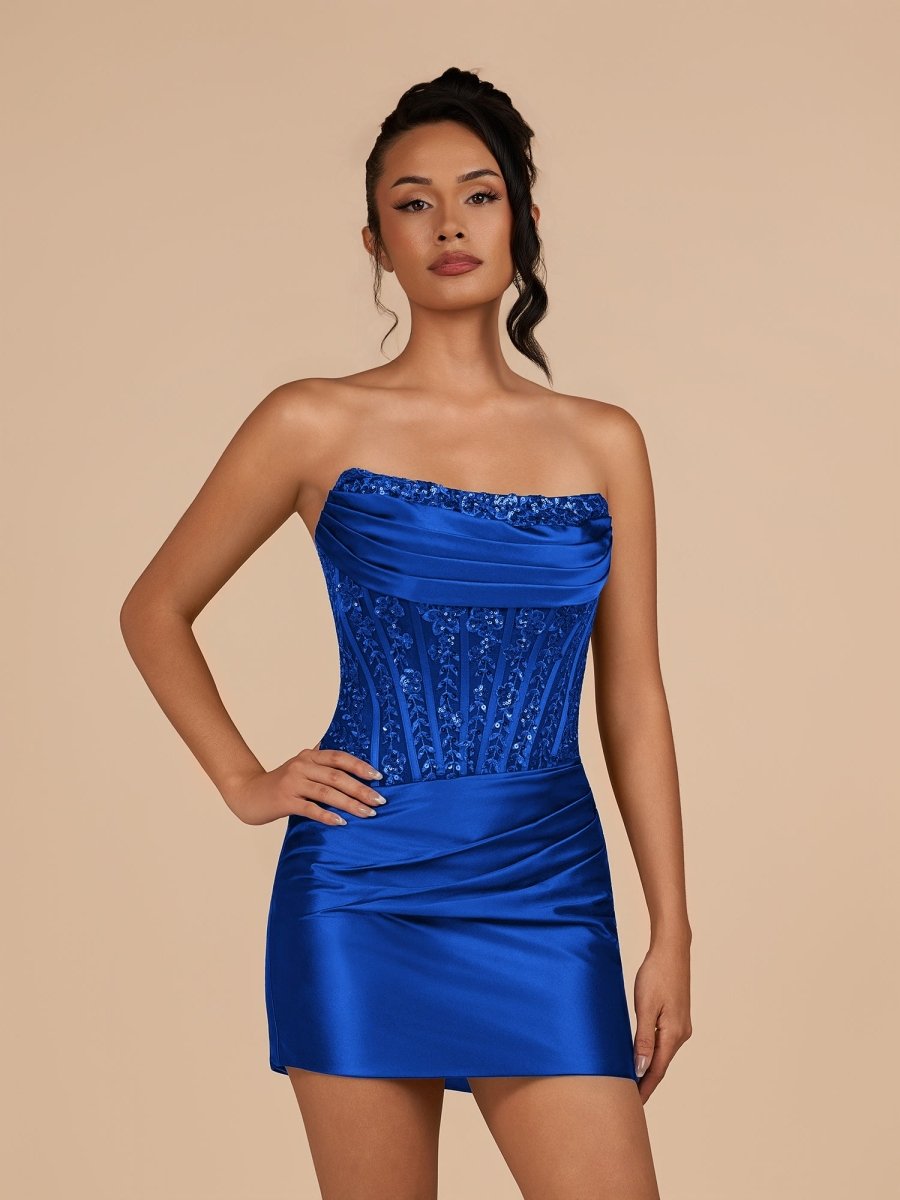 Navy Blue Strapless Bodycon Satin Pleated Short Homecoming & Cocktail Dresses With Beading