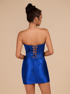 Navy Blue Strapless Bodycon Satin Pleated Short Homecoming & Cocktail Dresses With Beading