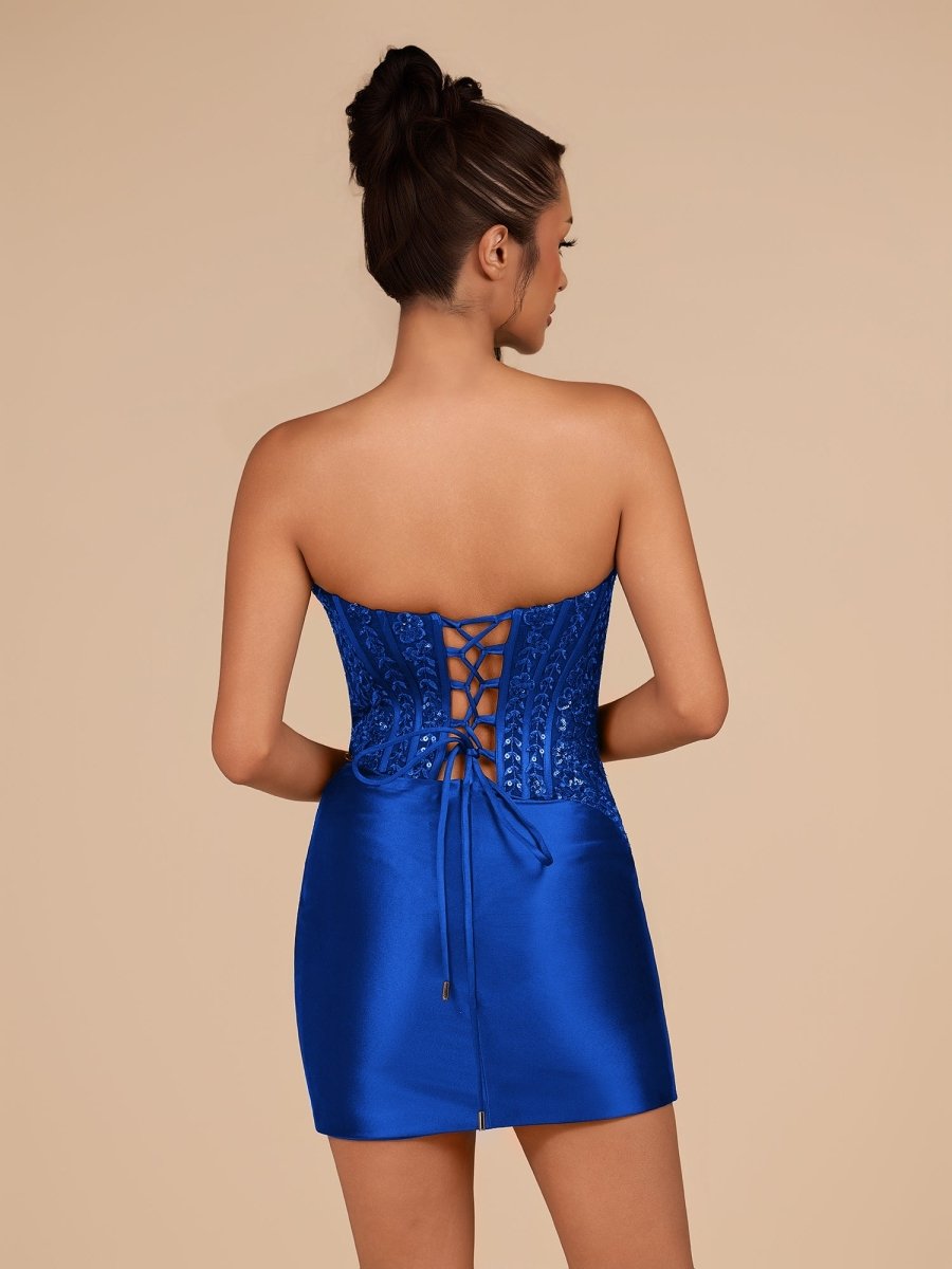 Navy Blue Strapless Bodycon Satin Pleated Short Homecoming & Cocktail Dresses With Beading
