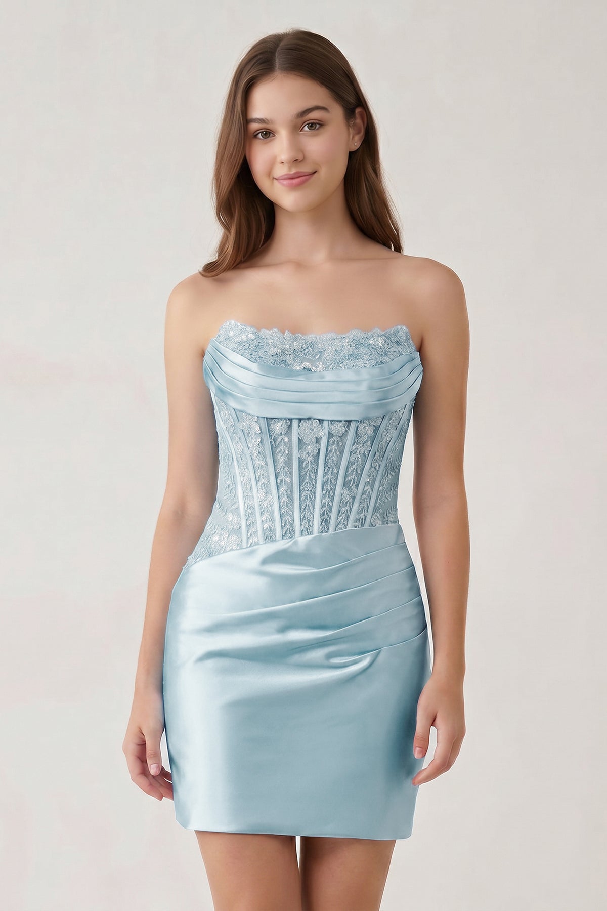 Navy Blue Strapless Bodycon Satin Pleated Short Homecoming & Cocktail Dresses With Beading
