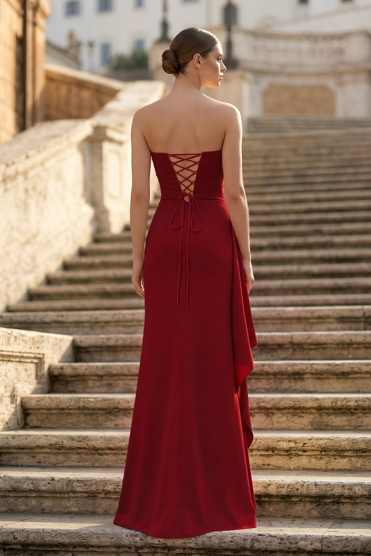 Eulalia burgundy back view prom dress