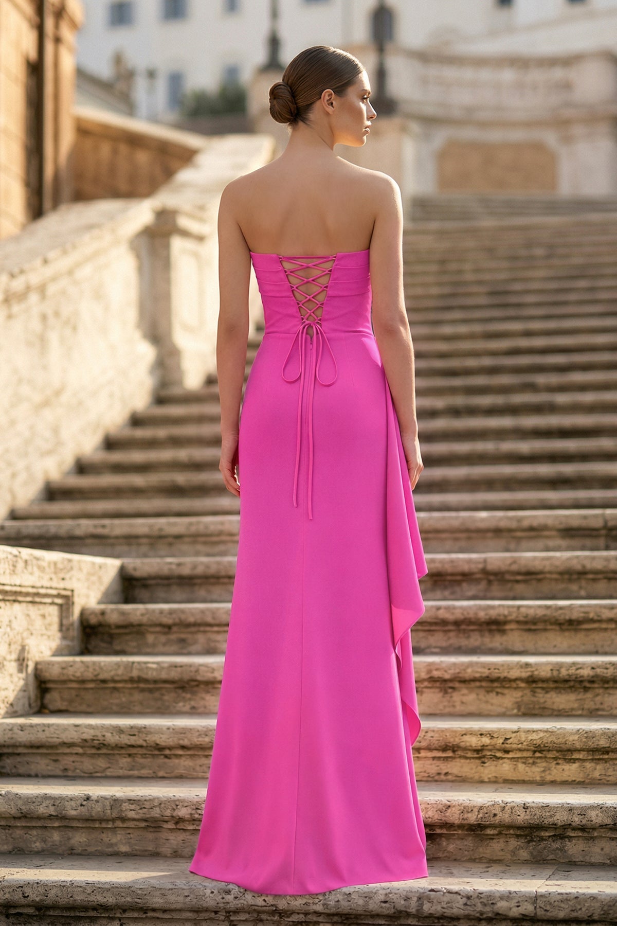 Eulalia fuchsia back view prom dress
