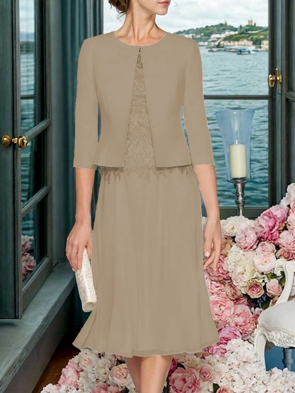 Corinna Faye Taupe front view mother of the bride dress