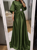 Noelle Celine Olive Green front view mother of the bride dress