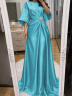 Noelle Celine Pool Blue front view mother of the bride dress