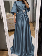 Noelle Celine Steel Blue front view mother of the bride dress