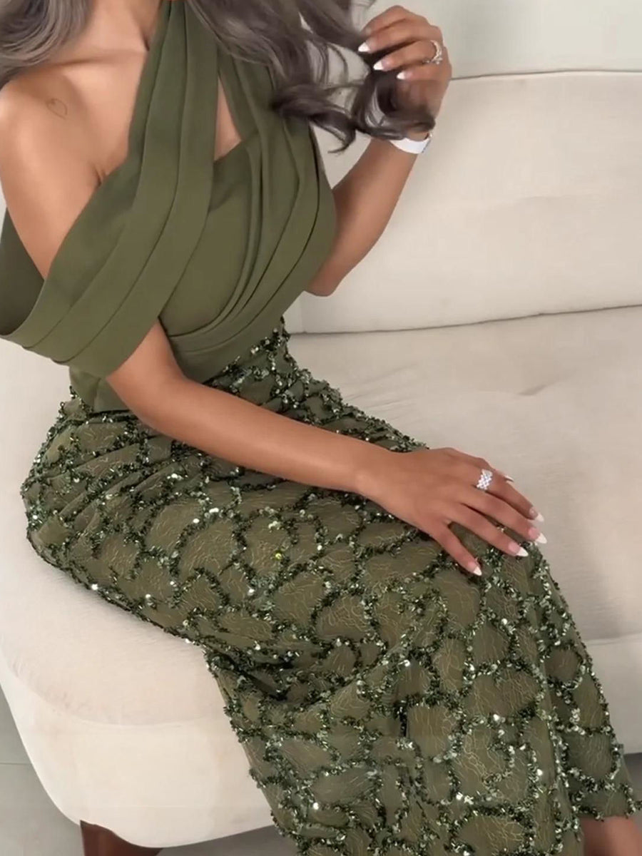 Theodora Belle Olive Green side view mother of the bride dress