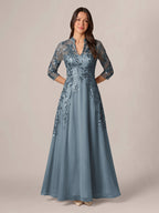 Isadora Quinn Dusty Blue front view mother of the bride dress