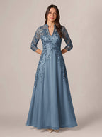 Isadora Quinn Steel Blue front view mother of the bride dress