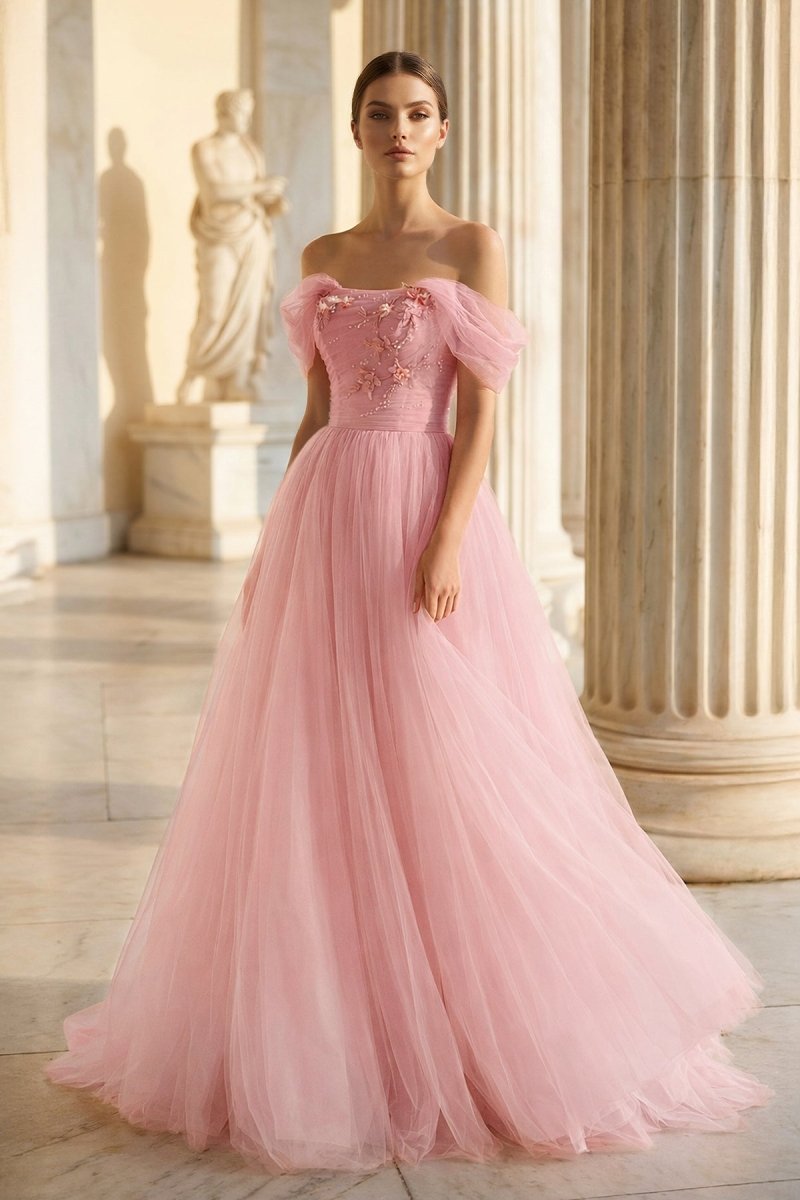 Sage Green Tulle Ball Gown Evening Dress with Off The Shoulder Neckline