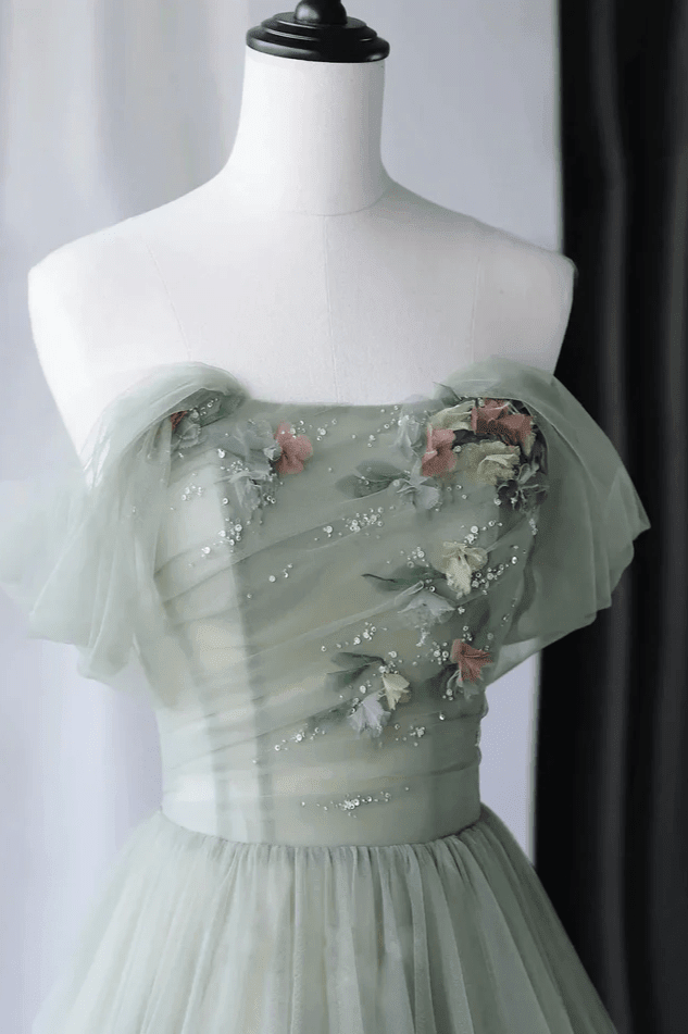 Sage Green Tulle Ball Gown Evening Dress with Off The Shoulder Neckline