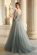 Sage Green Tulle Ball Gown Evening Dress with Off The Shoulder Neckline