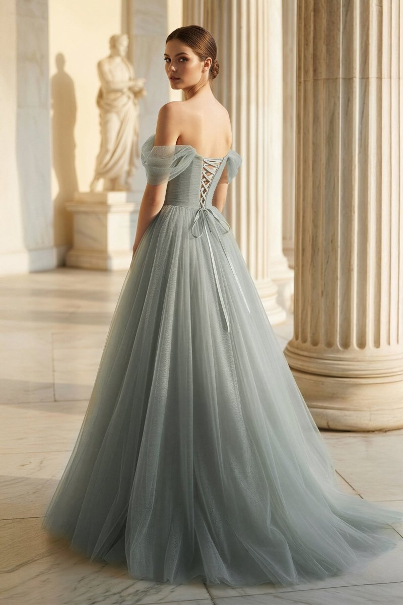 Sage Green Tulle Ball Gown Evening Dress with Off The Shoulder Neckline