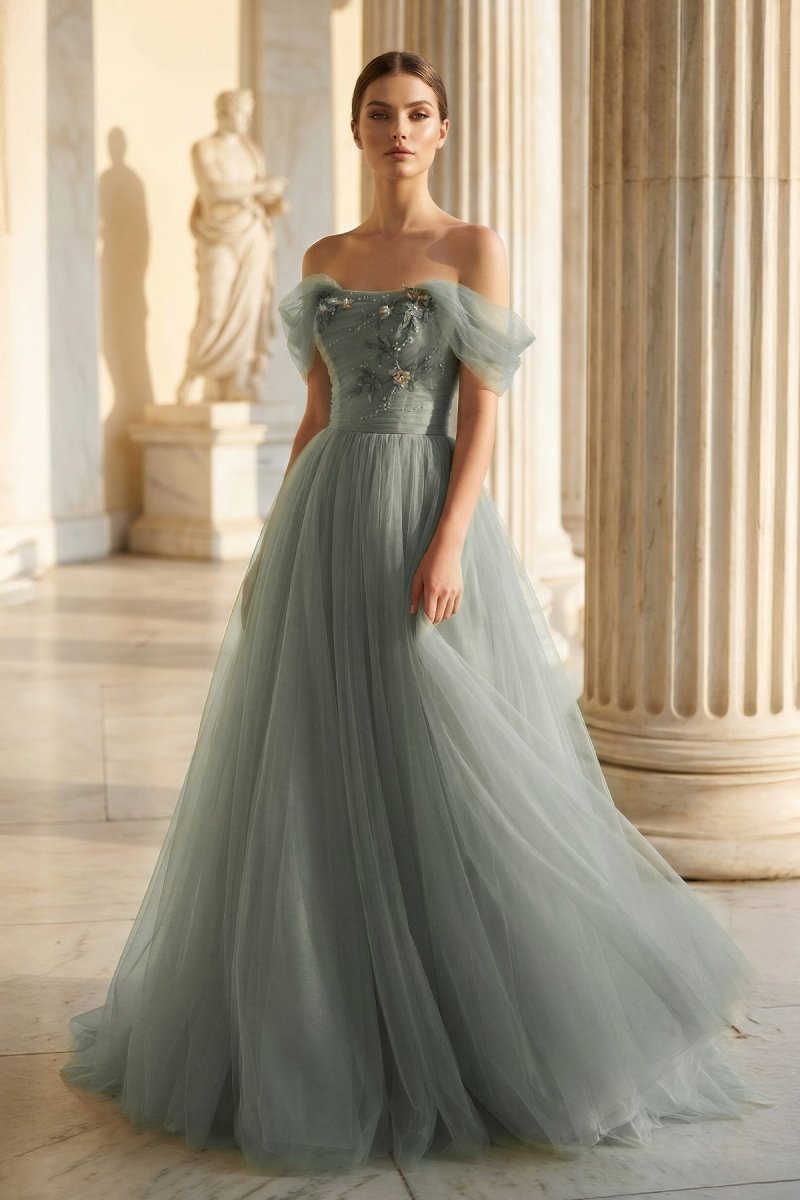 Sage Green Tulle Ball Gown Evening Dress with Off The Shoulder Neckline