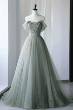 Sage Green Tulle Ball Gown Evening Dress with Off The Shoulder Neckline