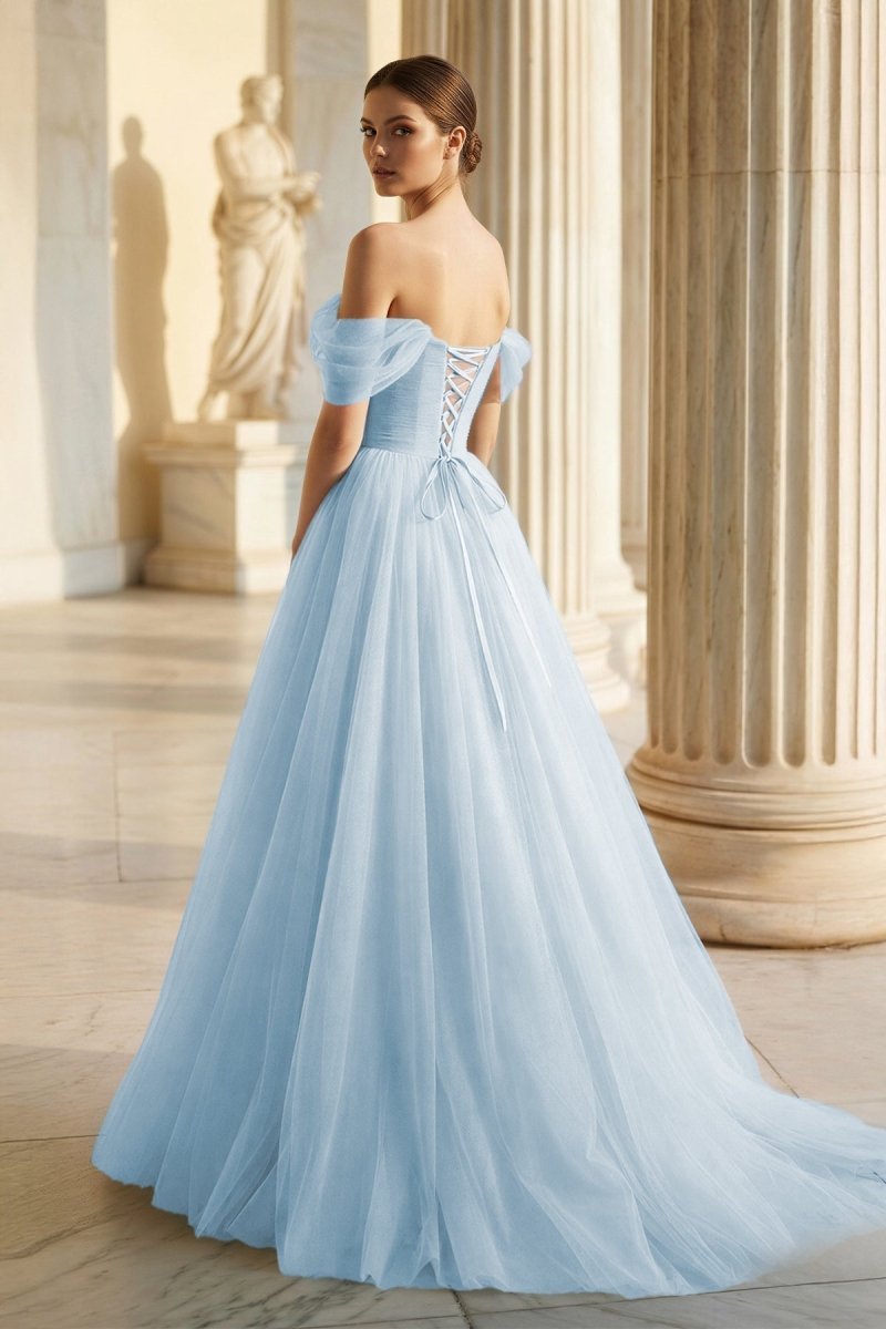 Sage Green Tulle Ball Gown Evening Dress with Off The Shoulder Neckline