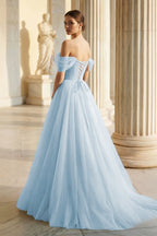 Sage Green Tulle Ball Gown Evening Dress with Off The Shoulder Neckline