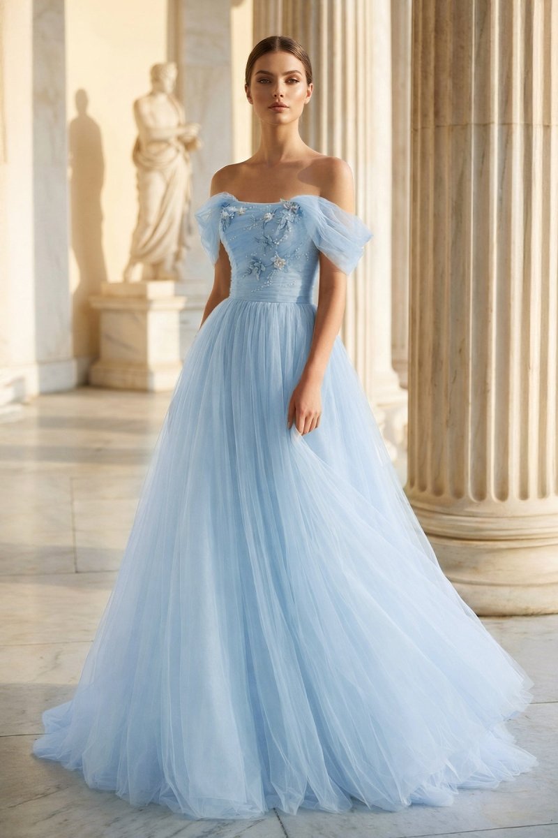 Sage Green Tulle Ball Gown Evening Dress with Off The Shoulder Neckline