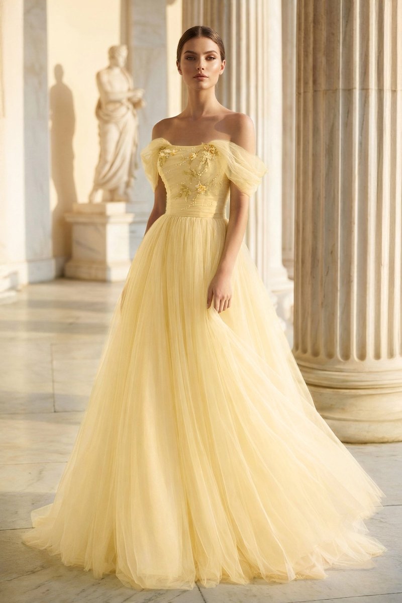 Sage Green Tulle Ball Gown Evening Dress with Off The Shoulder Neckline