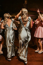 Sage Green Satin Sheath Bridesmaid Dress with V-Neck Neckline and Floor Length