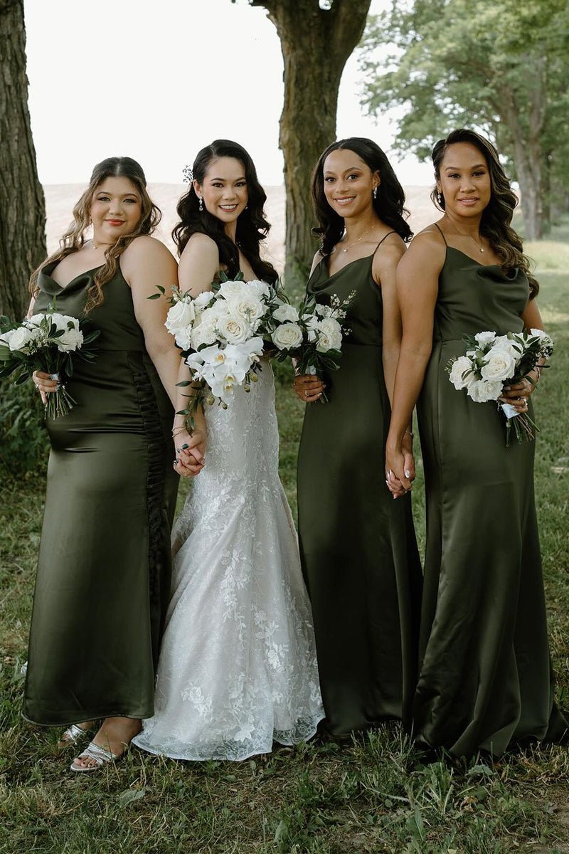 Grey Satin Bridesmaid Dress with Hunter Green Detail