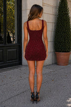 Glitter Sheath Square Neck Navy Blue Sequin Mini Homecoming Dresses With Slit
