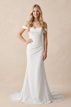 Diamond White Chiffon Mermaid Wedding Dress with Off The Shoulder Neckline and Sweep Train