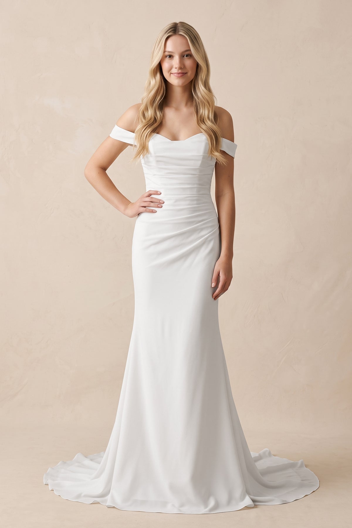 Diamond White Chiffon Mermaid Wedding Dress with Off The Shoulder Neckline and Sweep Train