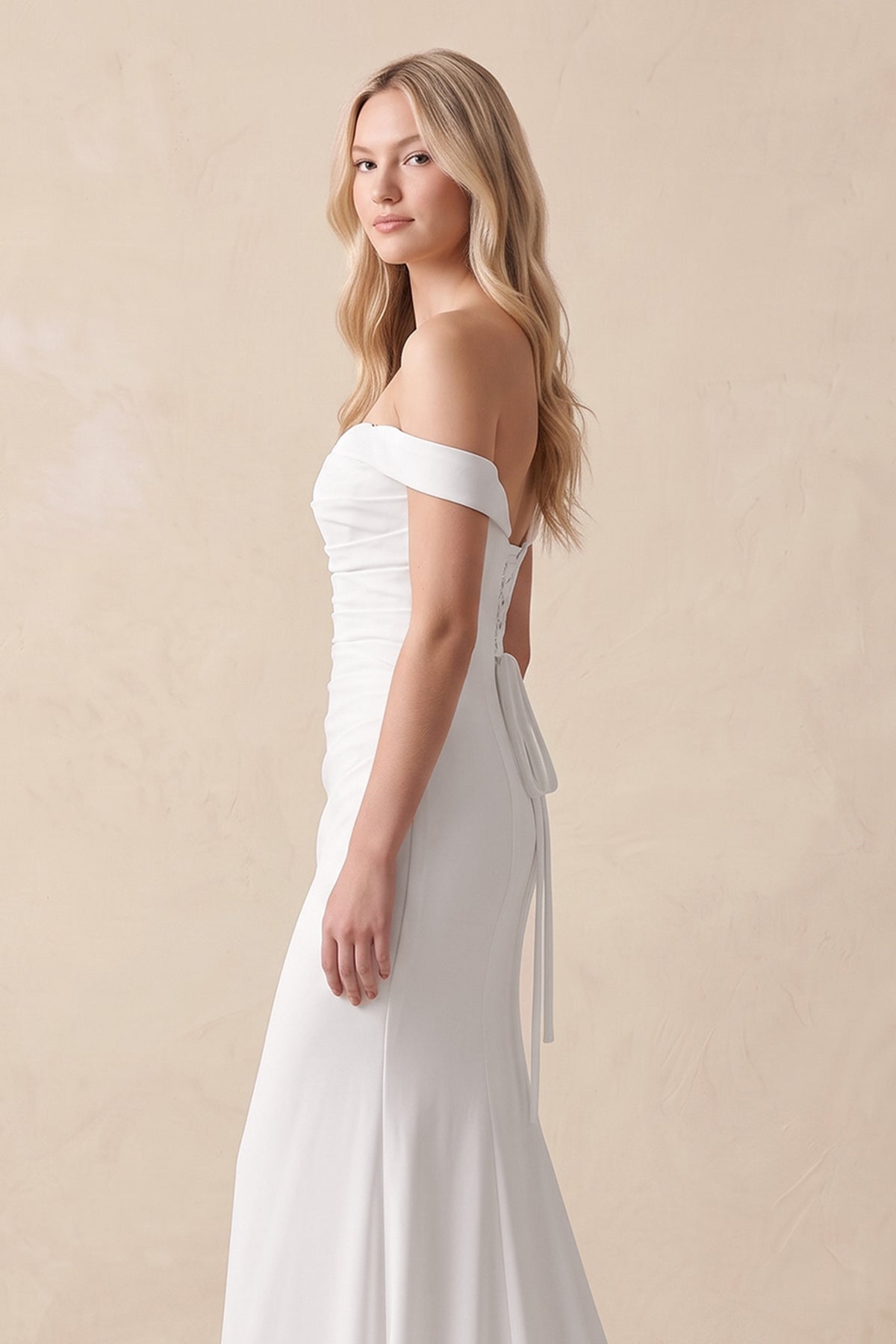 Diamond White Chiffon Mermaid Wedding Dress with Off The Shoulder Neckline and Sweep Train