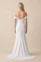 Diamond White Chiffon Mermaid Wedding Dress with Off The Shoulder Neckline and Sweep Train