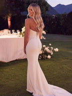 Diamond White Satin Mermaid Wedding Dress with Strapless Neckline and Sweep Train