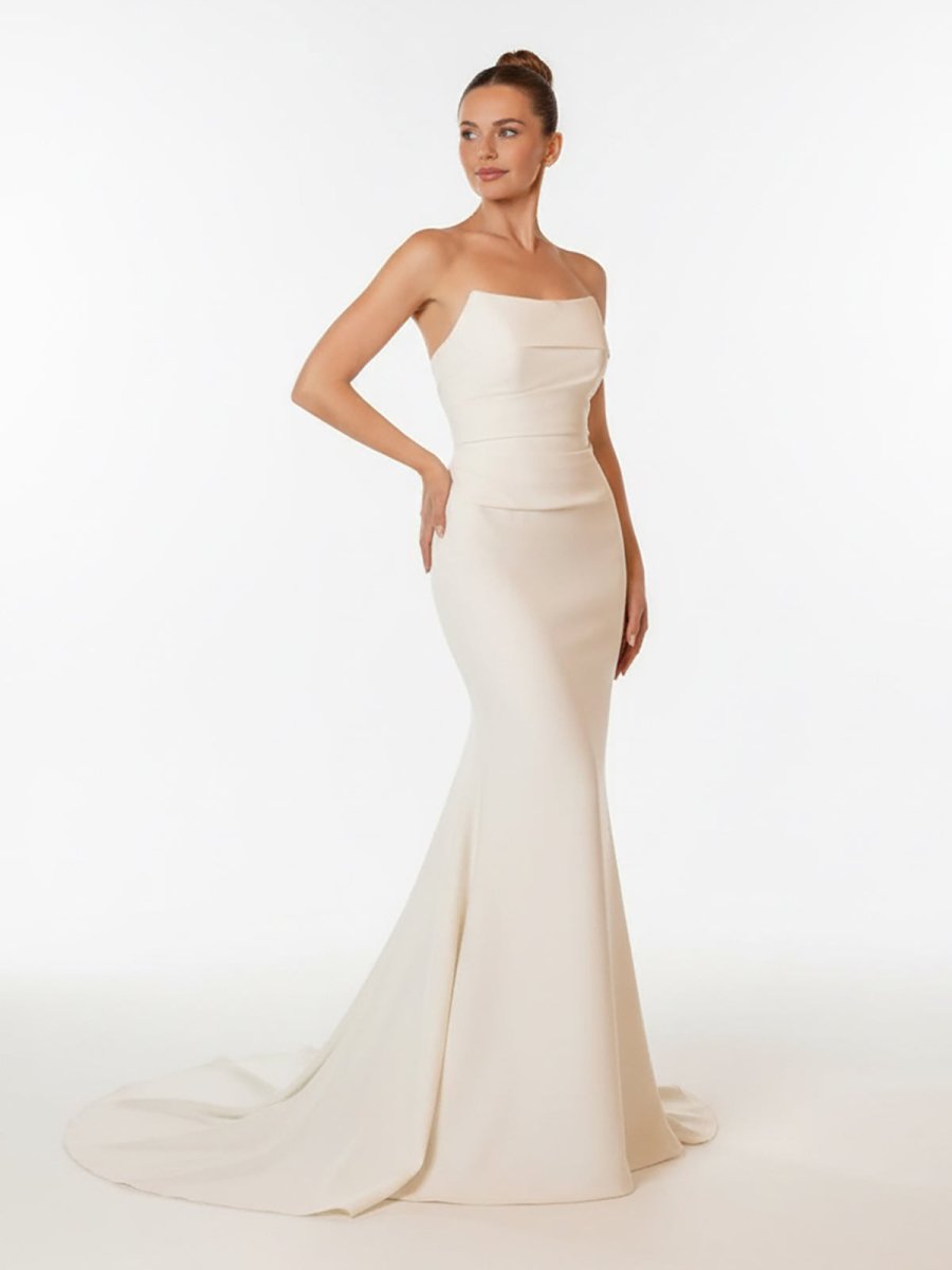 Diamond White Satin Mermaid Wedding Dress with Strapless Neckline and Sweep Train