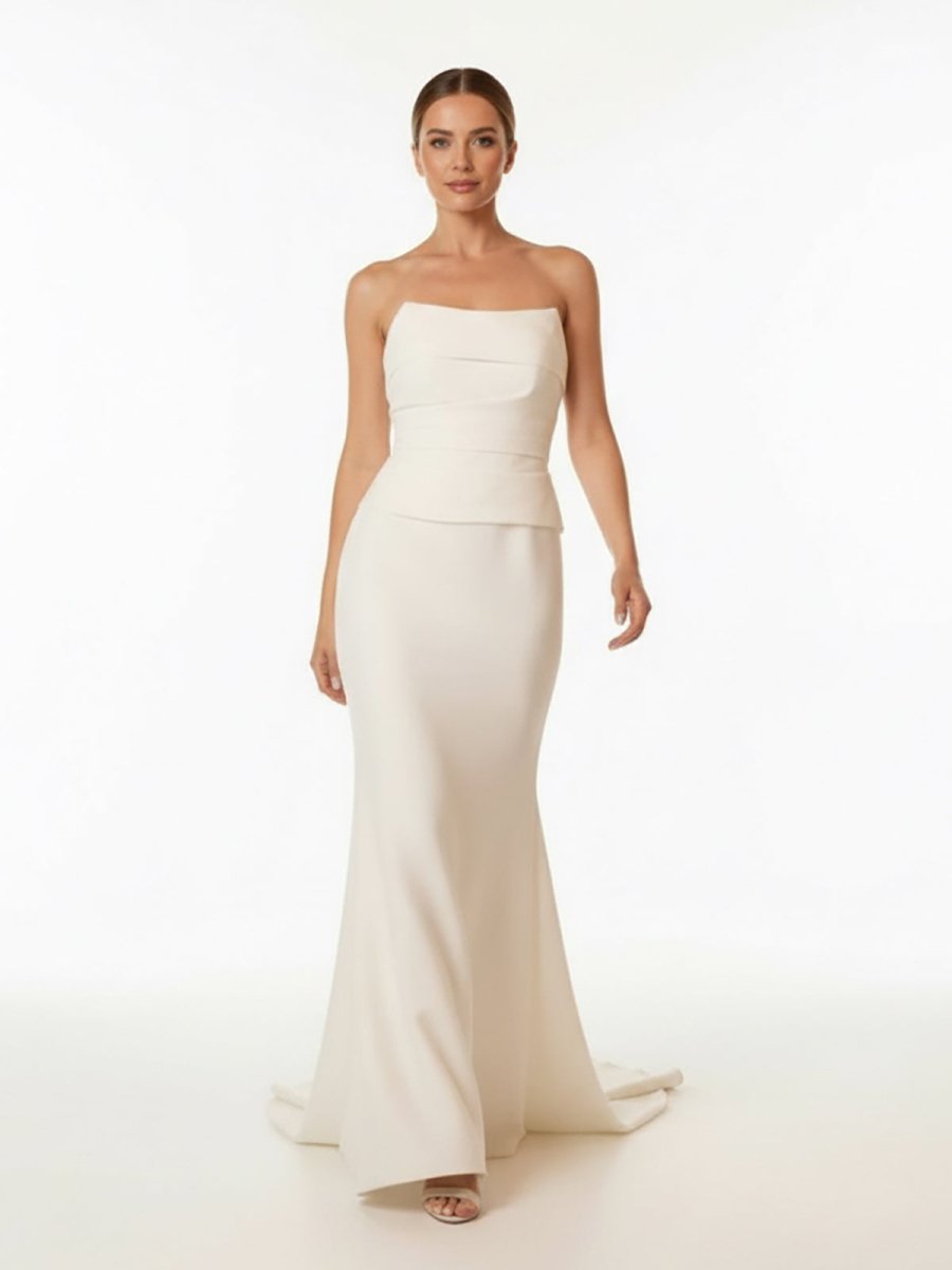 Diamond White Satin Mermaid Wedding Dress with Strapless Neckline and Sweep Train