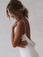 Diamond White Satin Mermaid Wedding Dress with V-Neck Neckline and Sweep Train
