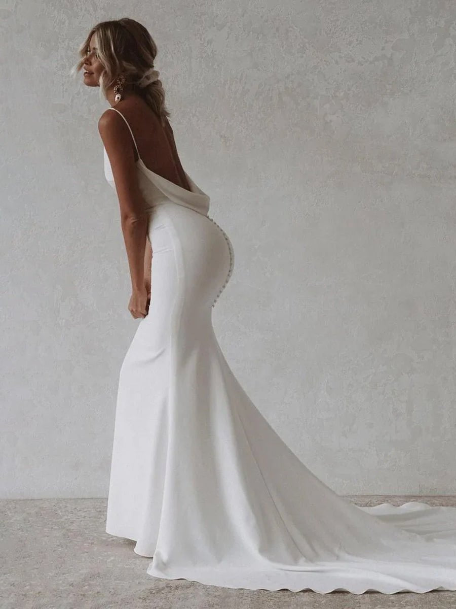 Diamond White Satin Mermaid Wedding Dress with V-Neck Neckline and Sweep Train