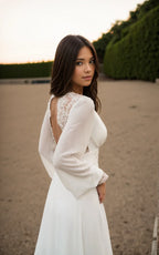 Diamond White Chiffon A-Line Wedding Dress with V-Neck Neckline and Sequins
