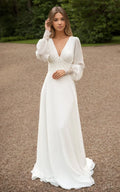 Diamond White Chiffon A-Line Wedding Dress with V-Neck Neckline and Sequins