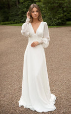 Diamond White Chiffon A-Line Wedding Dress with V-Neck Neckline and Sequins