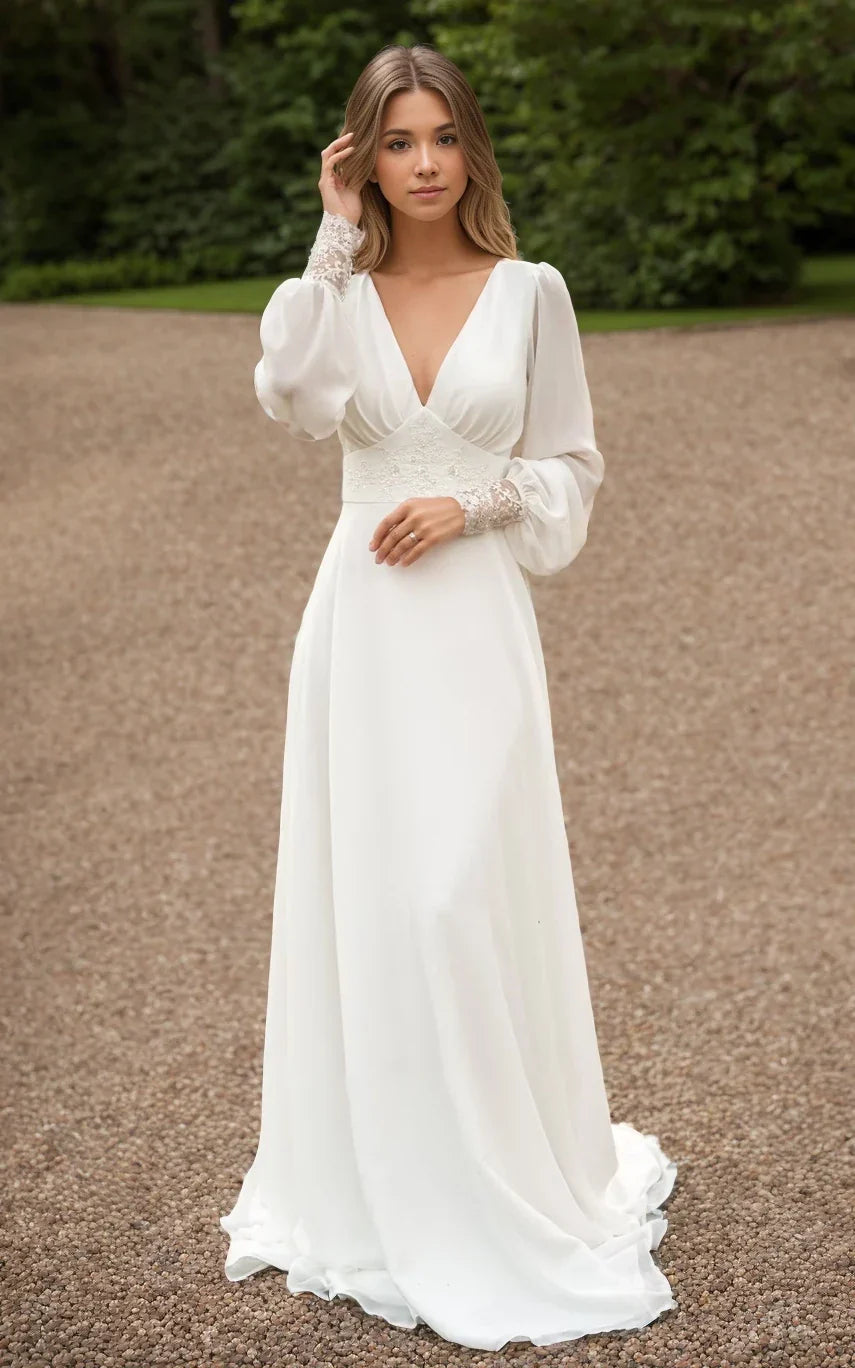 Diamond White Chiffon A-Line Wedding Dress with V-Neck Neckline and Sequins
