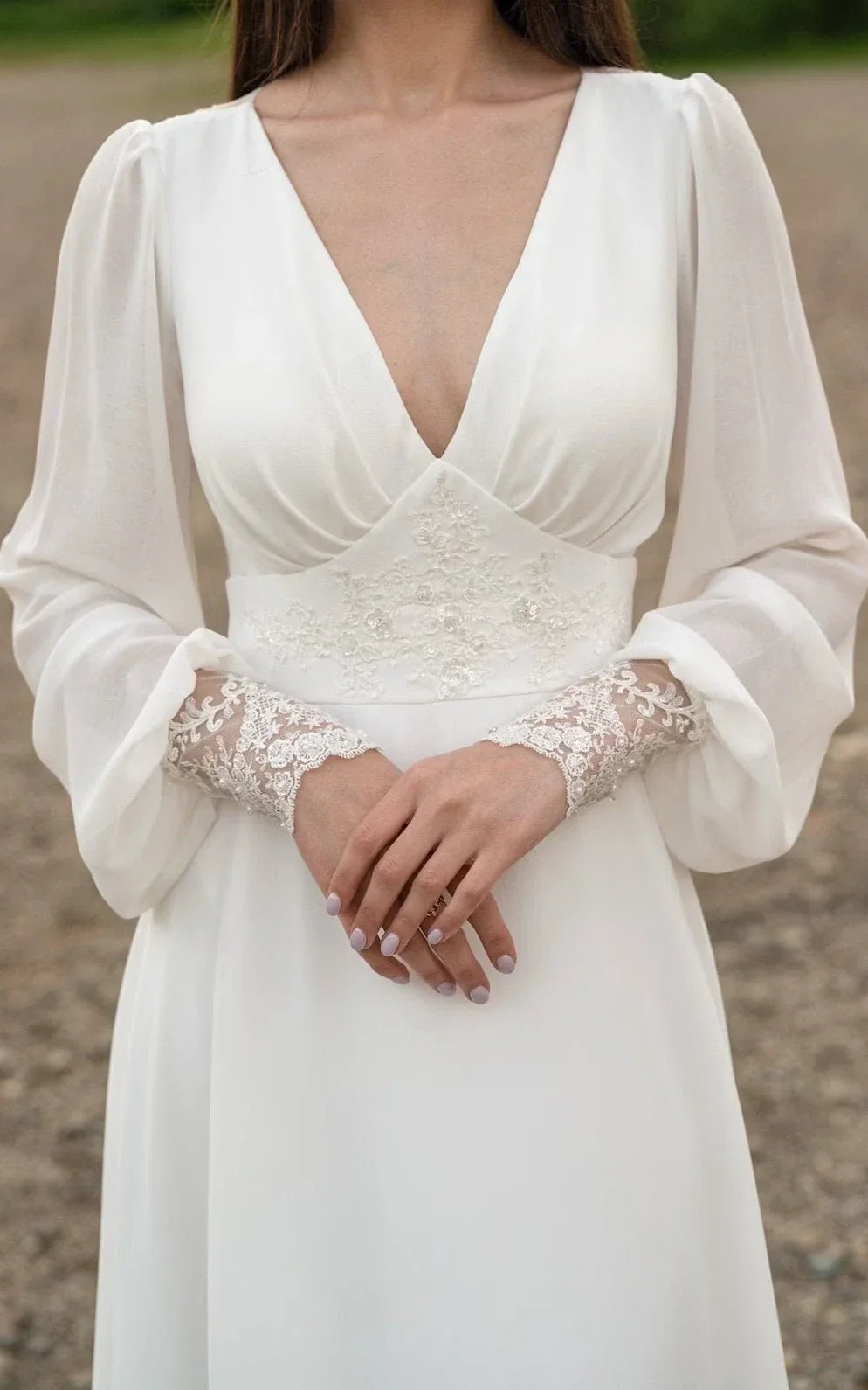 Diamond White Chiffon A-Line Wedding Dress with V-Neck Neckline and Sequins