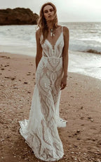 White Lace Mermaid Wedding Dress with V-Neck Neckline and Floral Detail