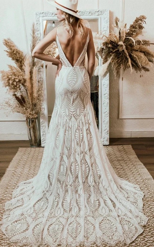 White Lace Mermaid Wedding Dress with V-Neck Neckline and Floral Detail