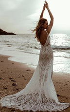 White Lace Mermaid Wedding Dress with V-Neck Neckline and Floral Detail
