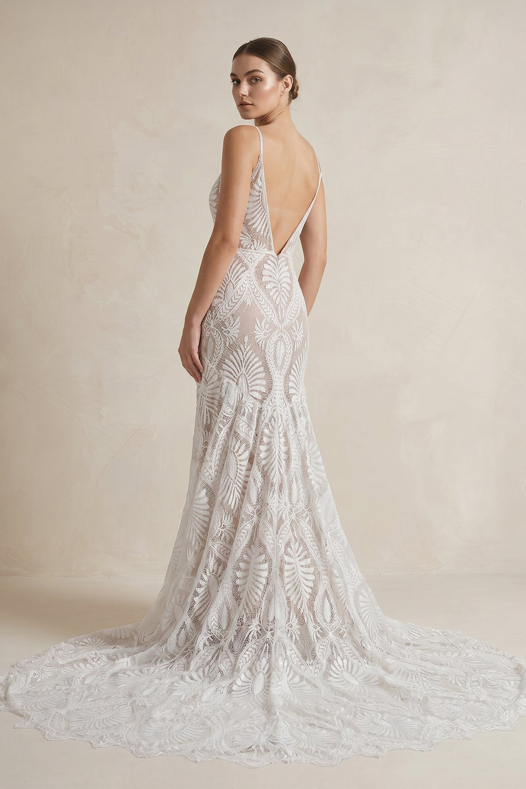 White Lace Mermaid Wedding Dress with V-Neck Neckline and Floral Detail