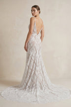 White Lace Mermaid Wedding Dress with V-Neck Neckline and Floral Detail