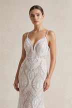 White Lace Mermaid Wedding Dress with V-Neck Neckline and Floral Detail