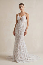 White Lace Mermaid Wedding Dress with V-Neck Neckline and Floral Detail