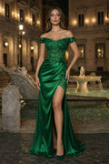 Burgundy Off The Shoulder Mermaid Beaded Satin Long Formal Prom Gown With Appliques