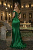Burgundy Off The Shoulder Mermaid Beaded Satin Long Formal Prom Gown With Appliques